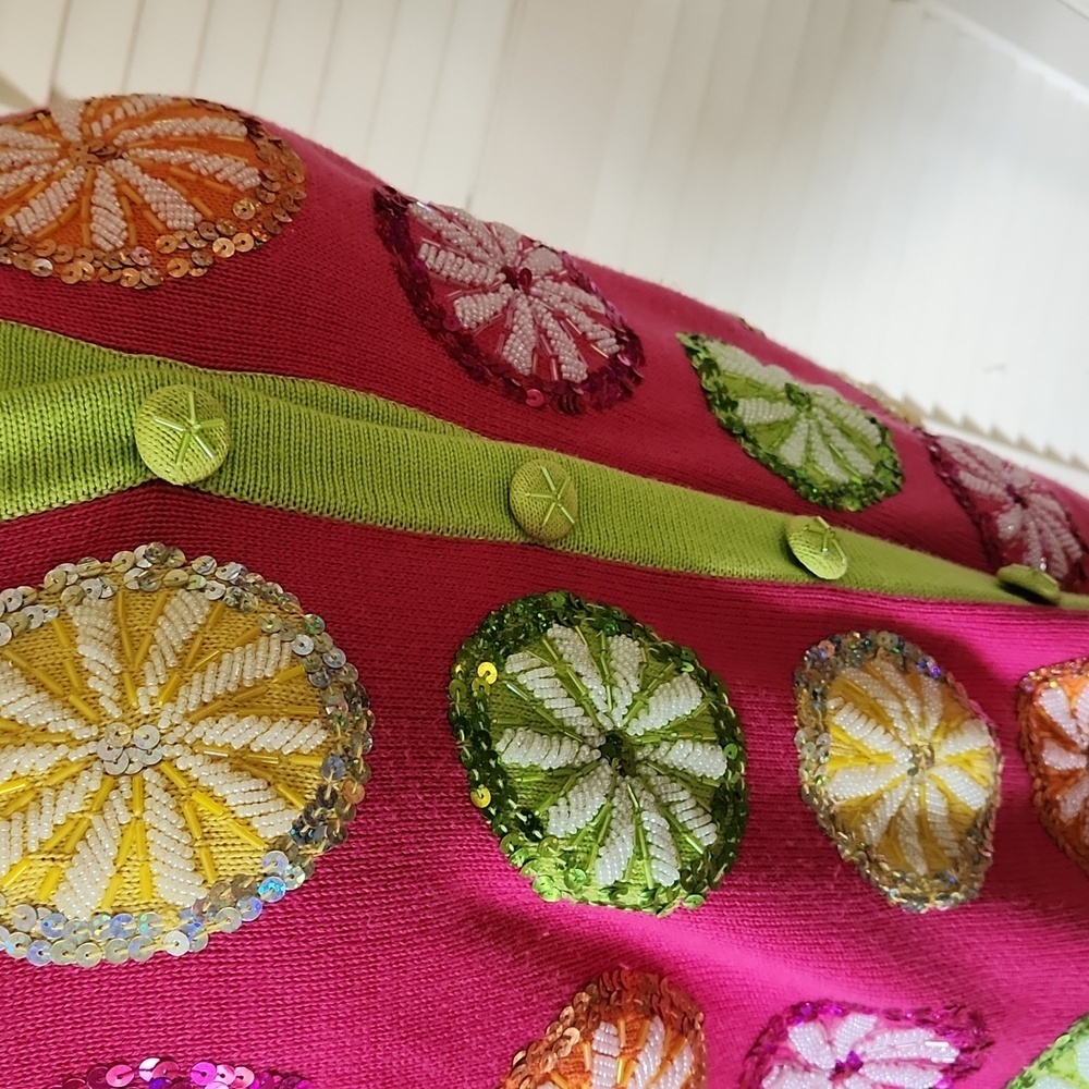 Jack B. Quick VTG 90s Beaded Sequin Cardigan Size M Pink Lime and Orange Holiday - Picture 6 of 10